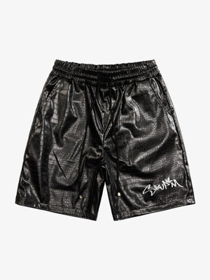 Letter Embroidered Leather Shorts - thumbnail 1