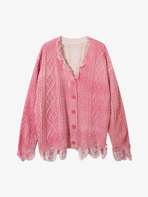 Cable Knit Cardigan Damaged Dirty Dyed Sweater - thumbnail 2