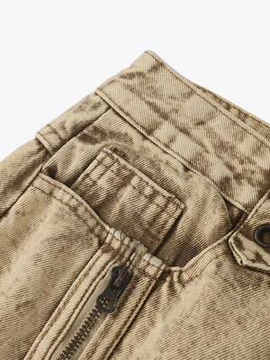 Sand Acid Wash Moto Baggy Jeans – Zip pocket + button close-up | XoKool