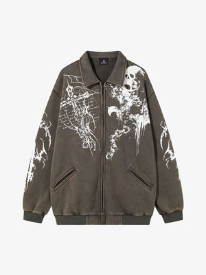 Retro Dark Skull Cross Print Lapel Zipper Jacket - thumbnail 1