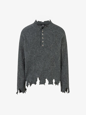 Knitted Distressed Diamond Pattern Raw Edge Sweater - thumbnail 1
