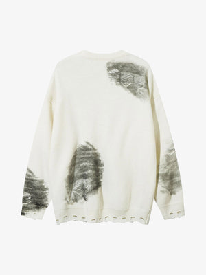 Chain Jacquard Spray-Painted Hole Round Neck Sweater - thumbnail 3