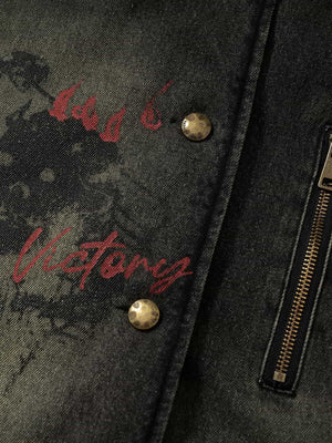 Distressed Graffiti Washed Long Lamb Fleece Denim Cotton Jacket - thumbnail 10