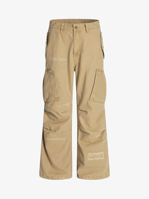 Cotton Hole Patch Pleated Multi-Pocket Cargo Casual Pants - thumbnail 1