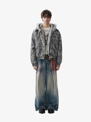 Faux Suede Vintage Wash Fur Hood Padded Jacket - thumbnail 4