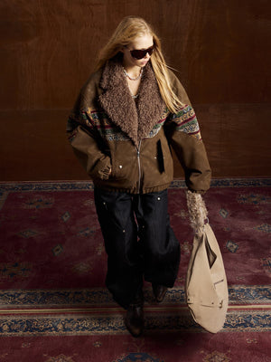 Vintage Leather and Sherpa Patchwork Webbing Cotton Jacket - thumbnail 10