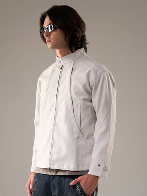 Deconstructed Split Stand Collar PU Leather Jacket - thumbnail 3