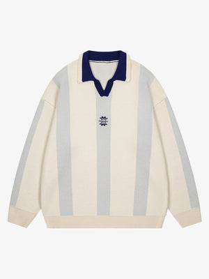 Vertical Striped Colorblock Lapel Sweater - thumbnail 1