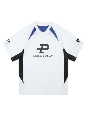 Contrast Color Sporty V-Neck Jersey T-Shirt - thumbnail 2