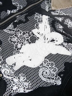 Vintage Lace Patchwork Angel Pattern Denim Jacket - thumbnail 4
