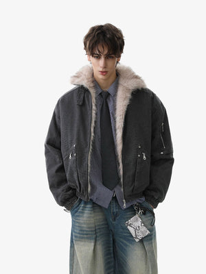 Pocket Zip Up Fur Collar Work Quilted Jacket - thumbnail 5