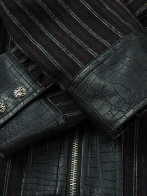 Textured PU Leather Patchwork Retro Stripe Jacket - thumbnail 6