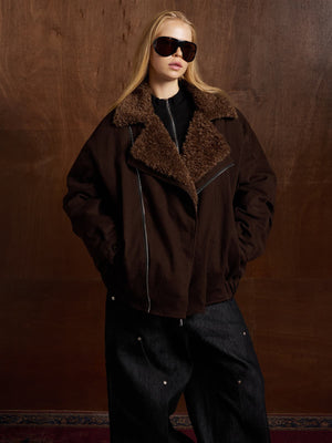 Street Punk Oblique Zipper Lambswool Collar Quilted Jacket - thumbnail 3