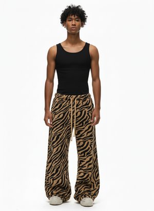 Zebra Print Sherpa Barrel Pants – full body on model front | XoKool