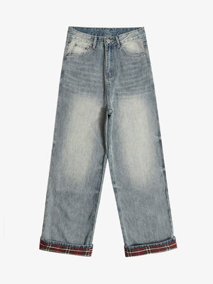 Light Wash Cuffed Baggy Jeans with Plaid Turn-Ups – front | XoKool