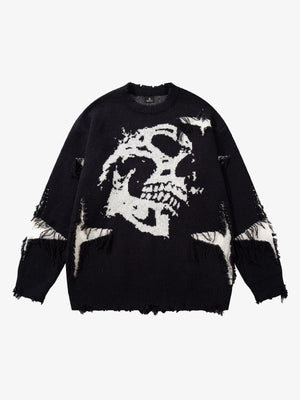 Hip-Hop Dark Skull Frayed-Edge Knit Sweater - thumbnail 1