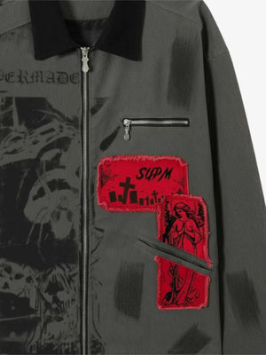 Retro Patchwork And Graphic Print Gothic Zipper Jacket - thumbnail 3