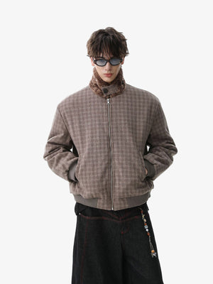 Retro Plaid Fur Collar Warm Padded Jacket - thumbnail 6