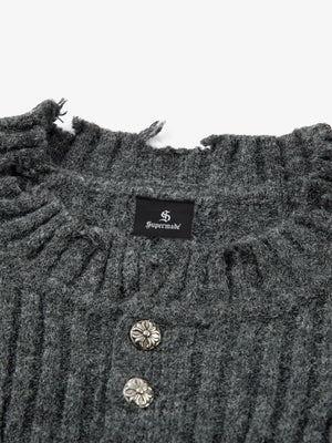 Knitted Distressed Diamond Pattern Raw Edge Sweater - thumbnail 5