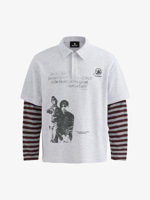 Jersey Waffle Faux Two-Piece Lapel Collar Striped Sweatshirt - thumbnail 1