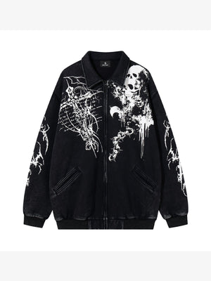 Retro Dark Skull Cross Print Lapel Zipper Jacket - thumbnail 2