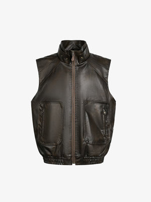 Vintage PU Leather Stand Collar Moto Workwear Vest - thumbnail 1
