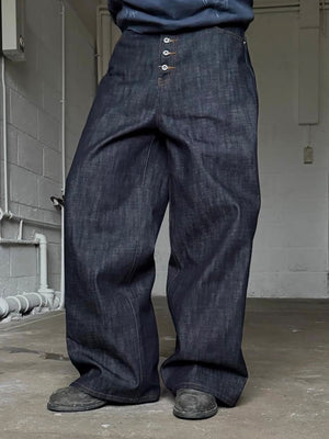 Raw Denim Baggy Jeans with Button Fly – On model, front | XoKool