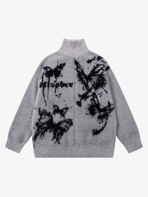 Ink Butterfly Jacquard High-Neck Zip Cardigan Sweater - thumbnail 1