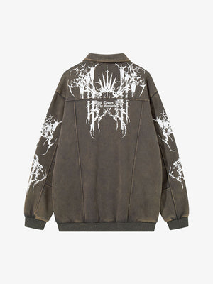 Retro Dark Skull Cross Print Lapel Zipper Jacket - thumbnail 3
