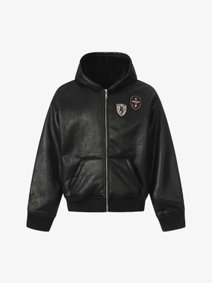 Vintage Leather Badge Fleece-lined Hooded Zip Bomber Jacket - thumbnail 2