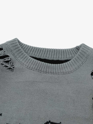 High Street Ripped Raw Edge Knitted Letter Jacquard Sweater - thumbnail 8