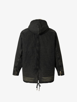 Distressed Graffiti Washed Long Lamb Fleece Denim Cotton Jacket - thumbnail 2