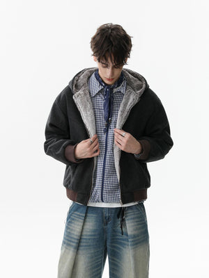 Retro Reversible Fleece Lined Zip-up Hooded Jacket - thumbnail 5