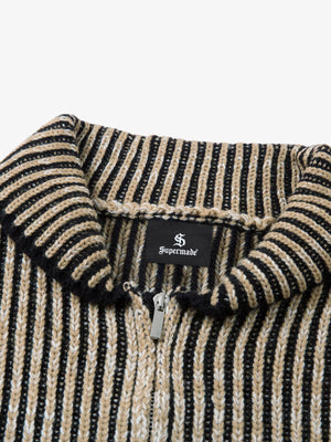 Knitted Retro Zipper Cardigan Stand Collar Vertical Striped Sweater - thumbnail 3