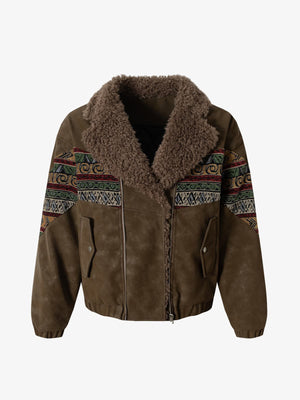 Vintage Leather and Sherpa Patchwork Webbing Cotton Jacket - thumbnail 1