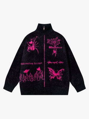 Street Spider And Butterfly Patterns Fluffy Zipper Sweater - thumbnail 2