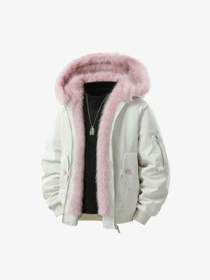 Retro Contrast Fur Collar Quilted Cotton Bomber Jacket - thumbnail 1