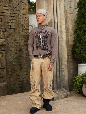 Acid Wash Moto Jeans – On model, full front angled | XoKool