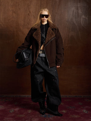 Street Punk Oblique Zipper Lambswool Collar Quilted Jacket - thumbnail 2