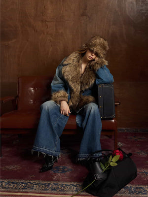 Street Retro Fur Patchwork Washed Denim Cotton Jacket - thumbnail 3