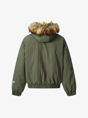 Retro Badge Embroidered Fur Collar Bomber Jacket - thumbnail 2