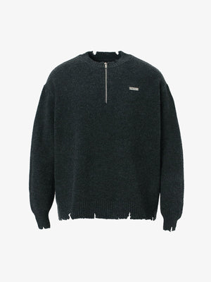 Vintage Knitted Distressed Raw Hem Half Zip Pullover Sweater - thumbnail 1