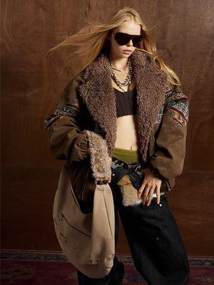 Vintage Leather and Sherpa Patchwork Webbing Cotton Jacket - thumbnail 6