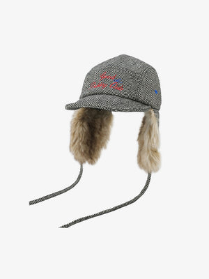 Retro Tweed Plush Earflap Embroidered Letter Cap - thumbnail 2
