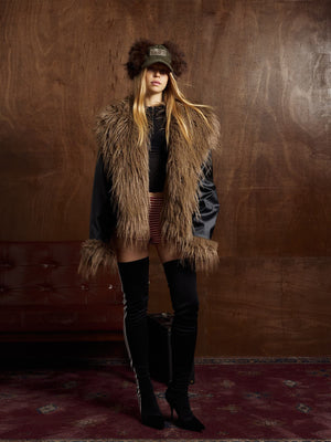 Retro Punk Rock Oversized Fur Collar Stitching Leather Cotton Jacket - thumbnail 4