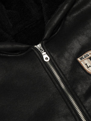 Vintage Leather Badge Fleece-lined Hooded Zip Bomber Jacket - thumbnail 14