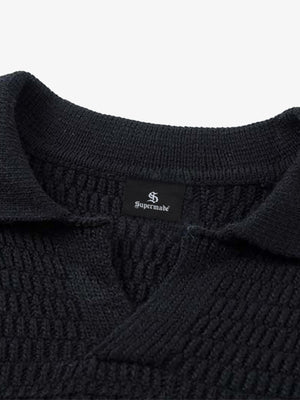 Retro Knitted Lapel V-Neck Contrast Striped Sweater - thumbnail 3