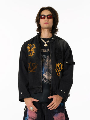 Retro Street Floral Embroidery Washed Zipper Denim Jacket - thumbnail 9