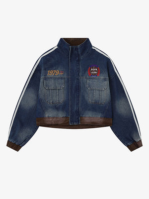 Retro Badge Embroidered Cropped Denim Jacket - thumbnail 1
