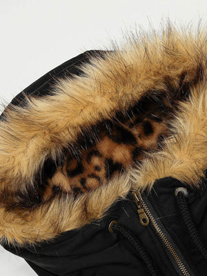 Retro Leopard Print Fur Collar Hooded Padded Jacket - thumbnail 10
